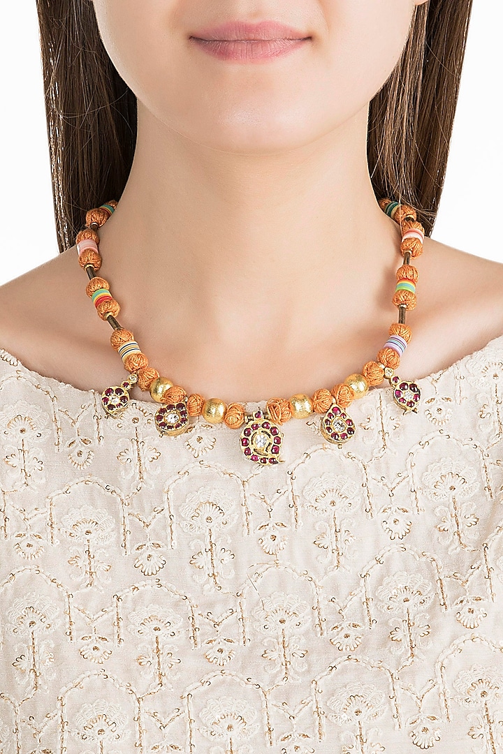 Gold Plated Kemp Stone & Beaded Necklace In Sterling Silver by Aaharya