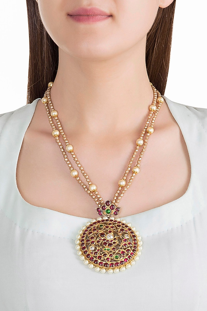 Gold Plated Pearl & Kemp Stone Pendant Necklace In Sterling Silver by Aaharya at Pernia's Pop Up Shop