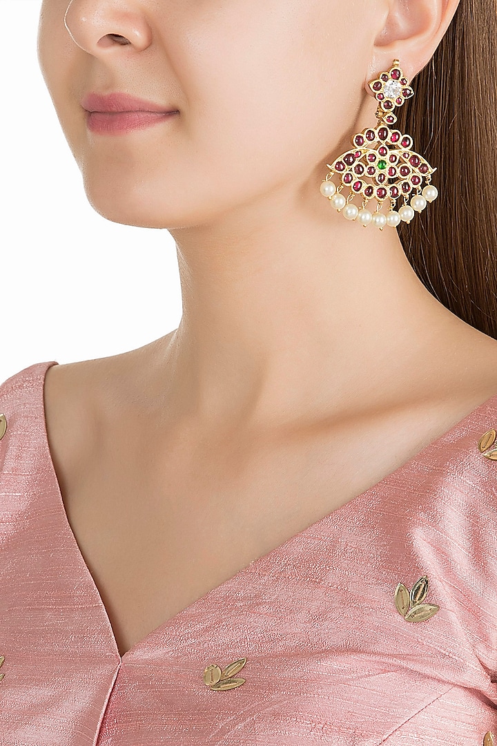 Gold Plated Floral & Leaf Motif Earrings In Sterling Silver by Aaharya