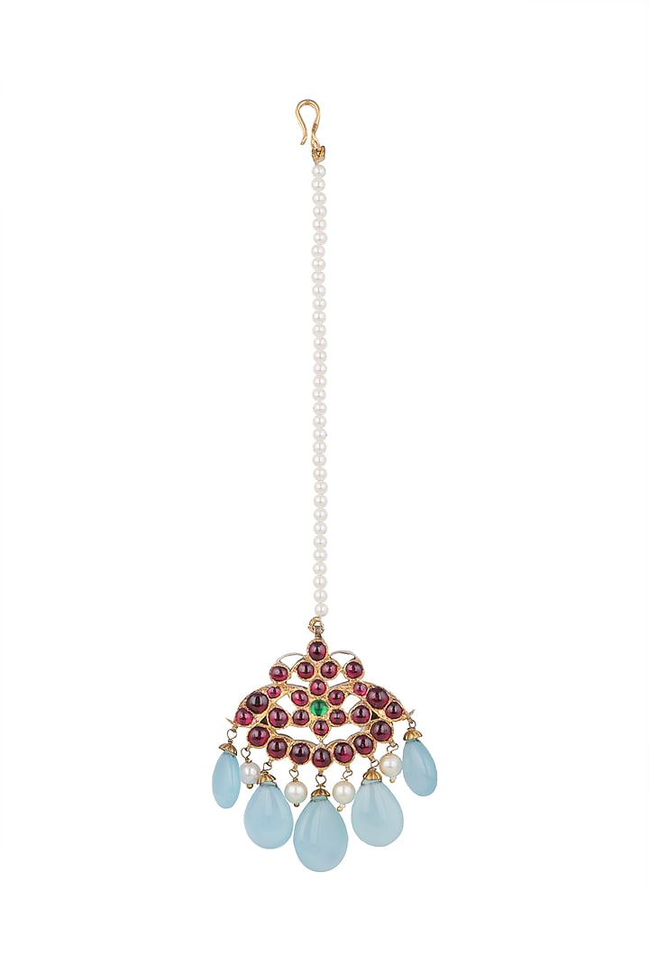 Gold Plated Blue & Kemp Stone Maang Tikka In Sterling Silver by Aaharya at Pernia's Pop Up Shop
