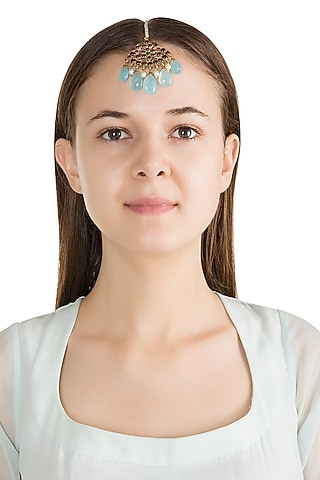 Gold Plated Blue & Kemp Stone Maang Tikka In Sterling Silver by Aaharya