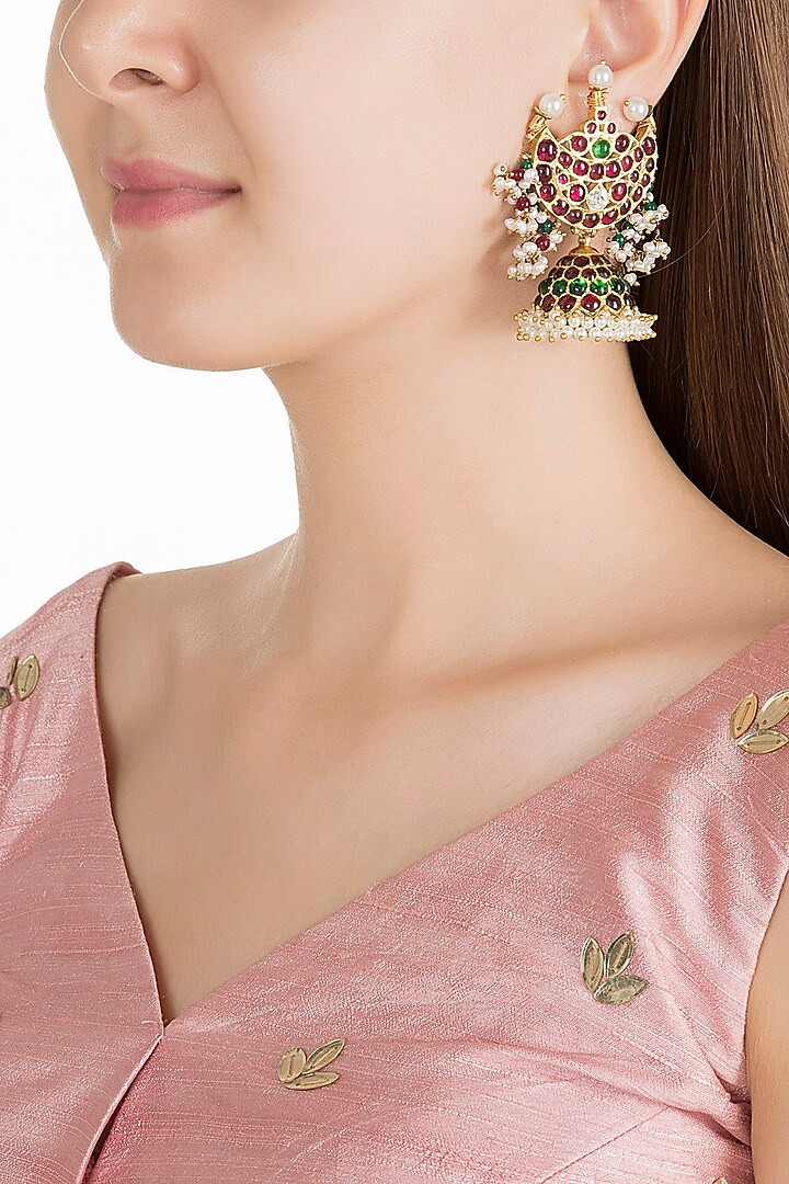 Gold Plated Kemp Stone Chandrabali Jhumka Earring In Sterling Silver by Aaharya