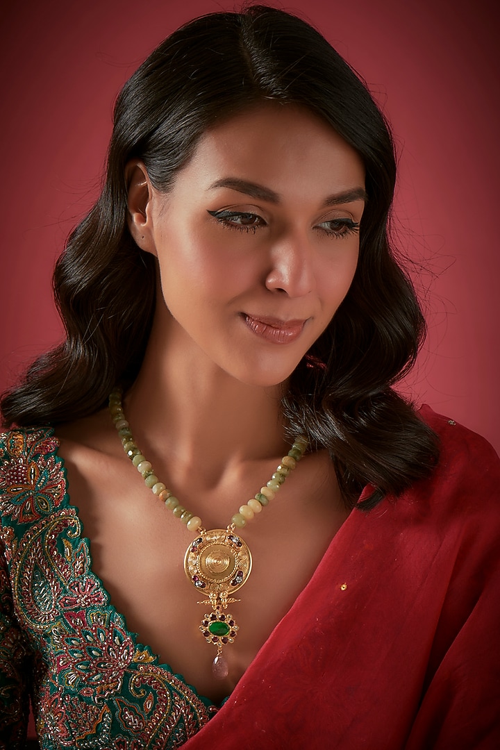 Gold Finish Cat Eye Gemstone Necklace In Sterling Silver by Aaharya at Pernia's Pop Up Shop