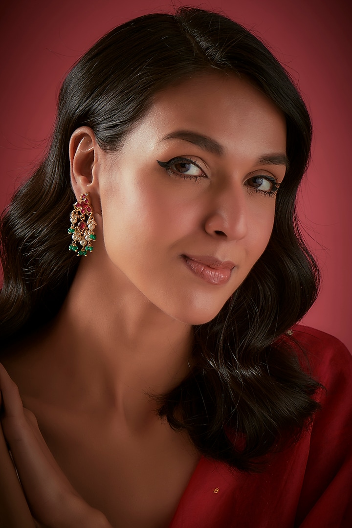 Gold Finish Layered Pearl Dangler Earrings In Sterling Silver by Aaharya at Pernia's Pop Up Shop