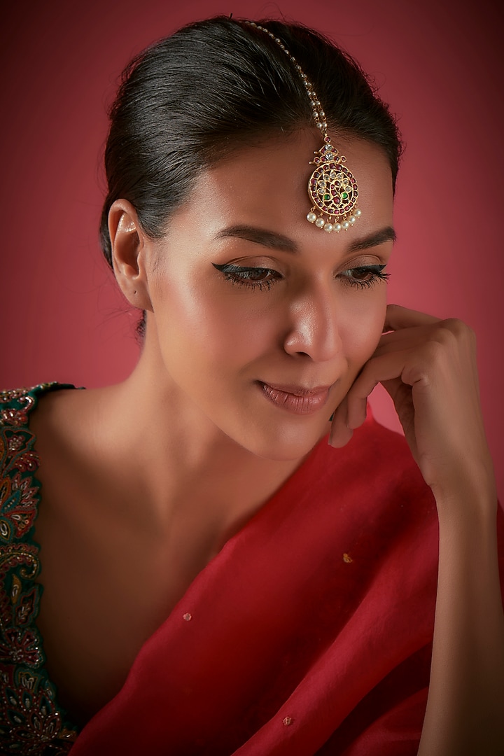 Gold Finish Peacock Maang Tikka In Sterling Silver by Aaharya at Pernia's Pop Up Shop