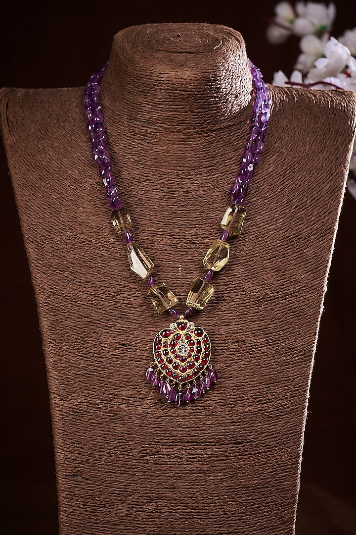 Gold Finish Purple Gemstone Handcrafted Necklace In Sterling Silver by Aaharya at Pernia's Pop Up Shop