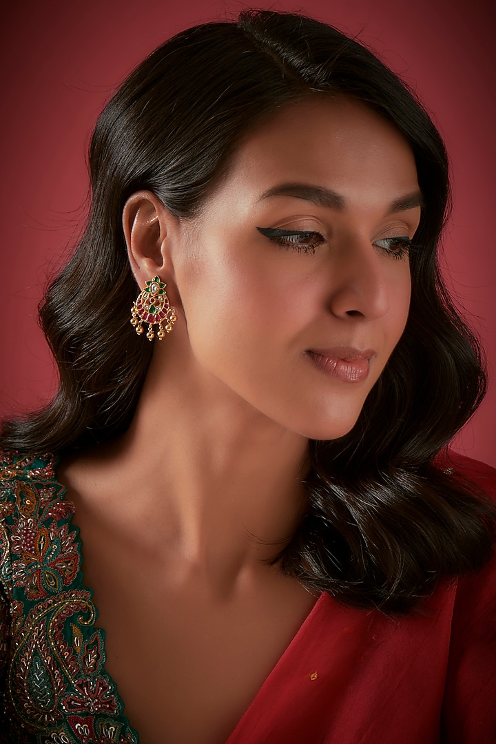 Gold Finish Chandbali Earrings In Sterling Silver by Aaharya at Pernia's Pop Up Shop
