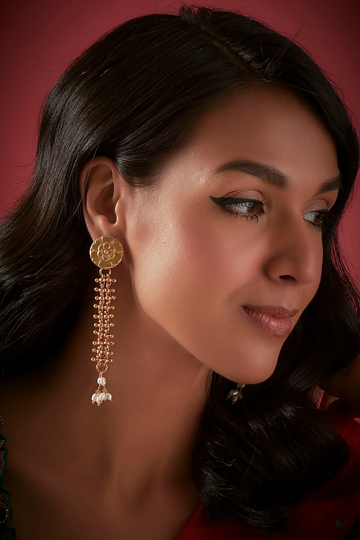 Gold Finish Kamandal Dangler Earrings In Sterling Silver by Aaharya at Pernia's Pop Up Shop