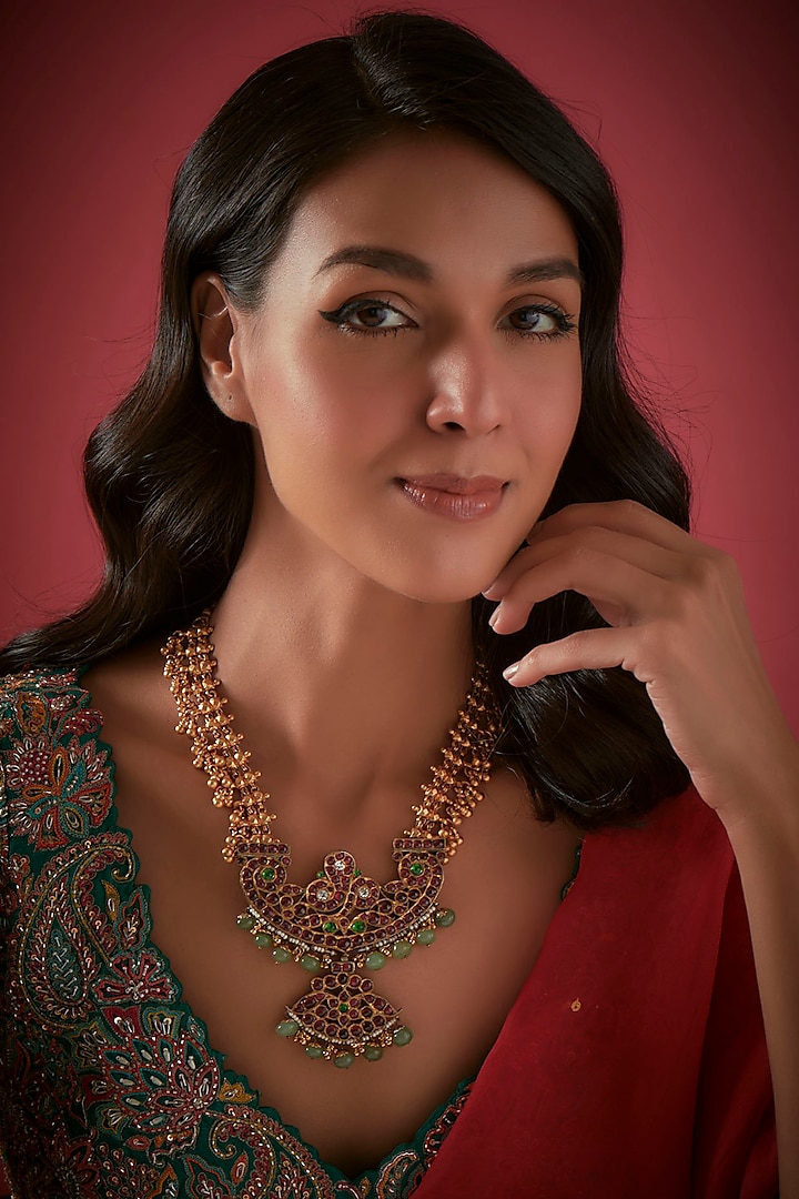 Gold Finish Long Necklace In Sterling Silver by Aaharya at Pernia's Pop Up Shop