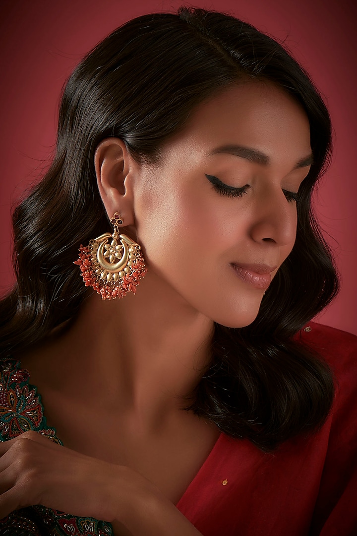 Gold Finish Coral Stone Chandbali Earrings In Sterling Silver by Aaharya at Pernia's Pop Up Shop