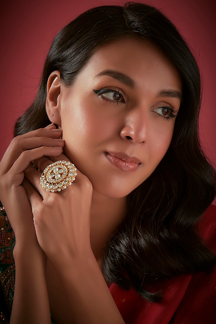 Gold Finish Floral Ring In Sterling Silver by Aaharya at Pernia's Pop Up Shop