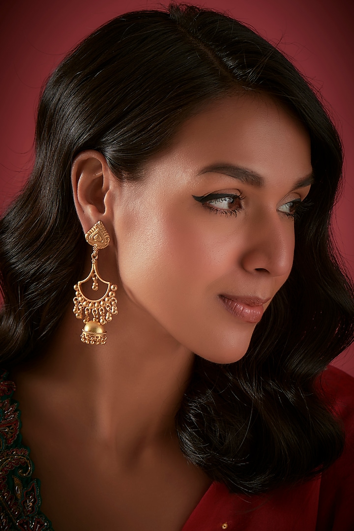 Gold Finish Simha Dangler Earrings In Sterling Silver by Aaharya at Pernia's Pop Up Shop