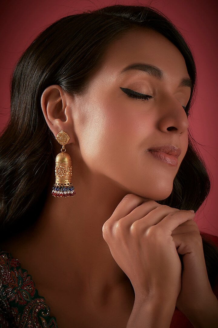 Gold Finish Dangler Earrings In Sterling Silver by Aaharya at Pernia's Pop Up Shop