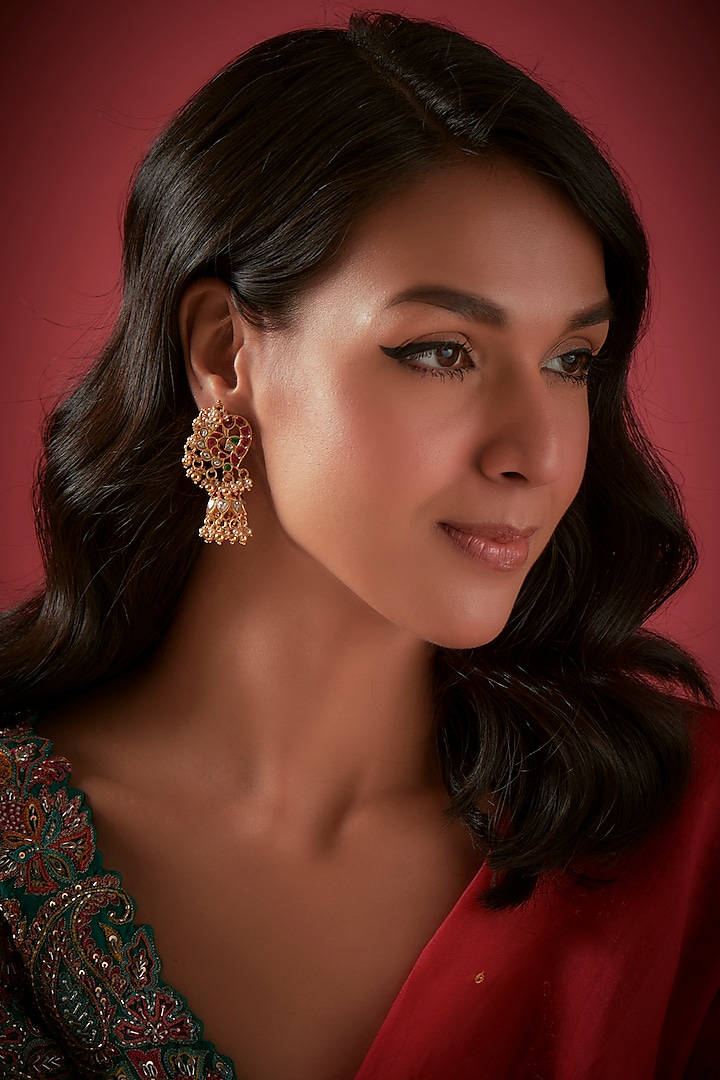 Gold Finish Jhumka Earrings In Sterling Silver by Aaharya at Pernia's Pop Up Shop