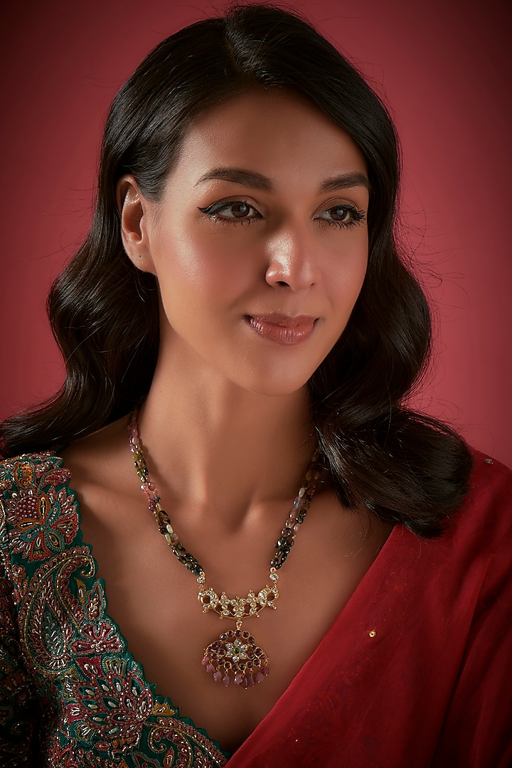 Gold Finish Crystal & Semi-Precious Gemstone Pendant Necklace In Sterling Silver by Aaharya at Pernia's Pop Up Shop