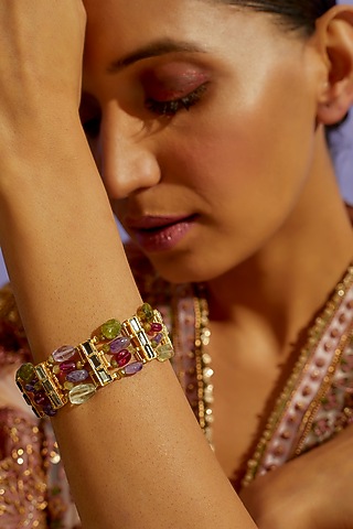Gold Finish Multi-Colored Stone Bracelet In Sterling Silver by Aaharya