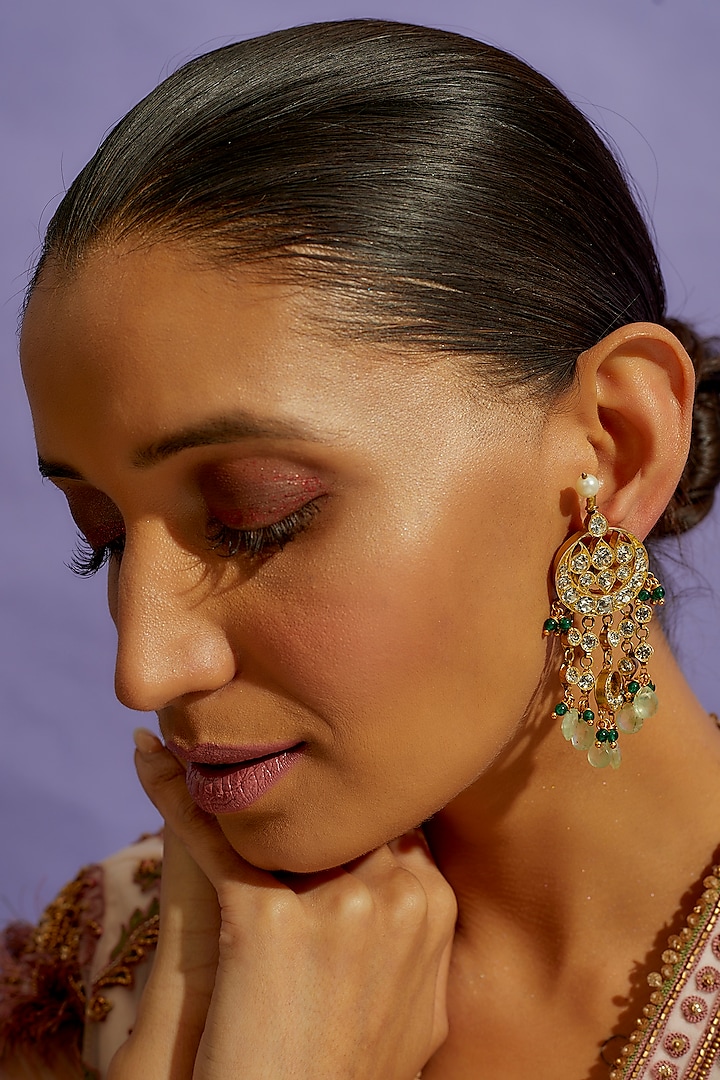 Gold Finish Green Stone Dangler Earrings In Sterling Silver by Aaharya
