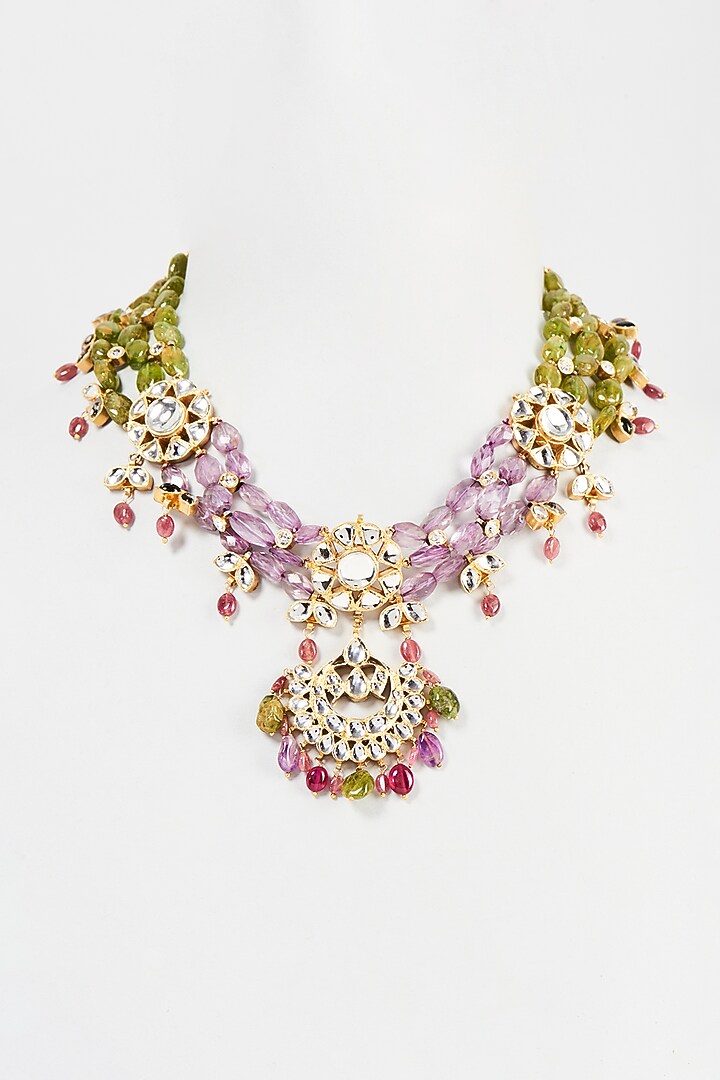 Gold Finish Navratna Stone Choker Necklace In Sterling Silver by Aaharya at Pernia's Pop Up Shop