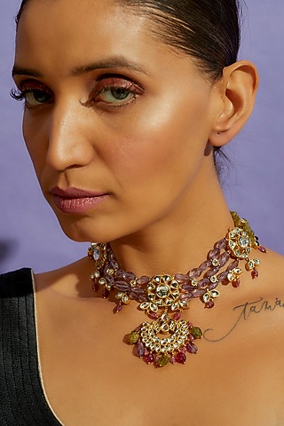 Gold Finish Navratna Stone Choker Necklace In Sterling Silver by Aaharya