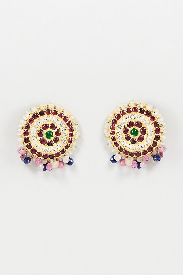 Gold Finish Multi-Colored Semi-Precious Stone Stud Earrings In Sterling Silver by Aaharya at Pernia's Pop Up Shop