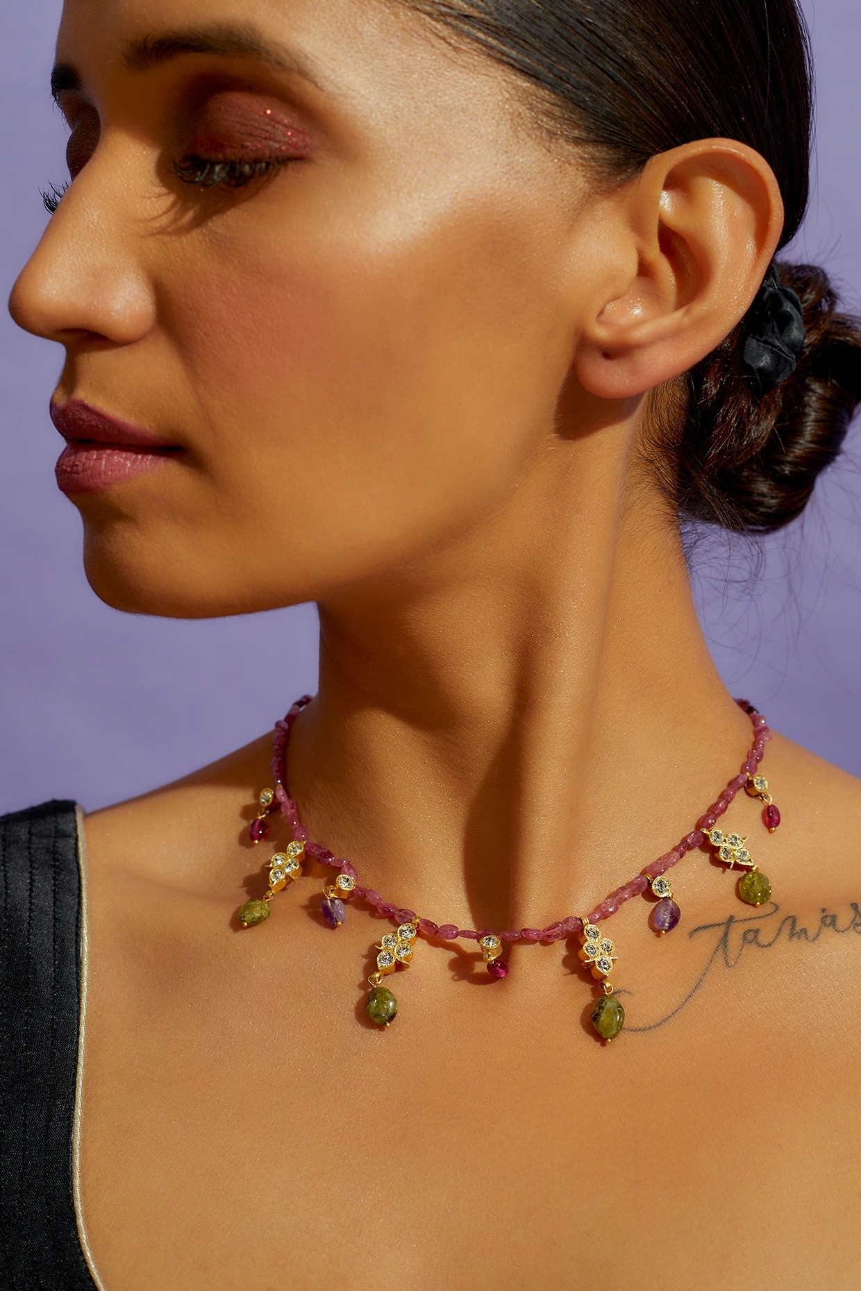 Gold Finish Multi-Colored Kundan Polki & Semi-Precious Stone Necklace Set  Design by Mortantra at Pernia's Pop Up Shop 2024