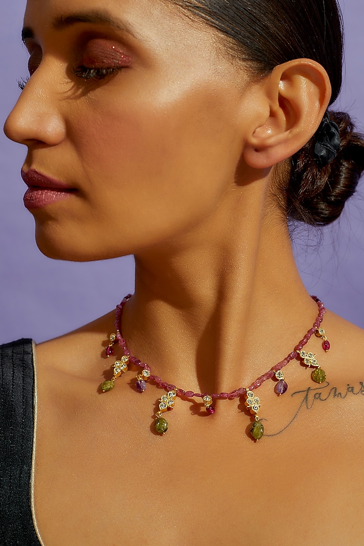 Gold Finish Multi-Colored Semi-Precious Stone Necklace In Sterling Silver by Aaharya at Pernia's Pop Up Shop