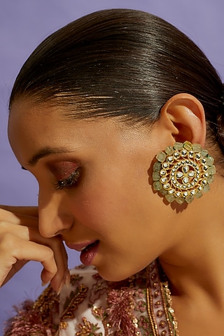 Gold Finish Green Semi-Precious Stone Stud Earrings In Sterling Silver by Aaharya