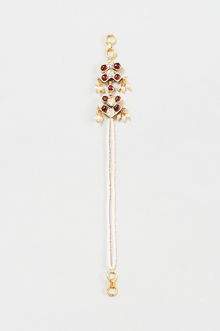 Gold Finish Red Stone Dangler Ear Chains In Sterling Silver by Aaharya