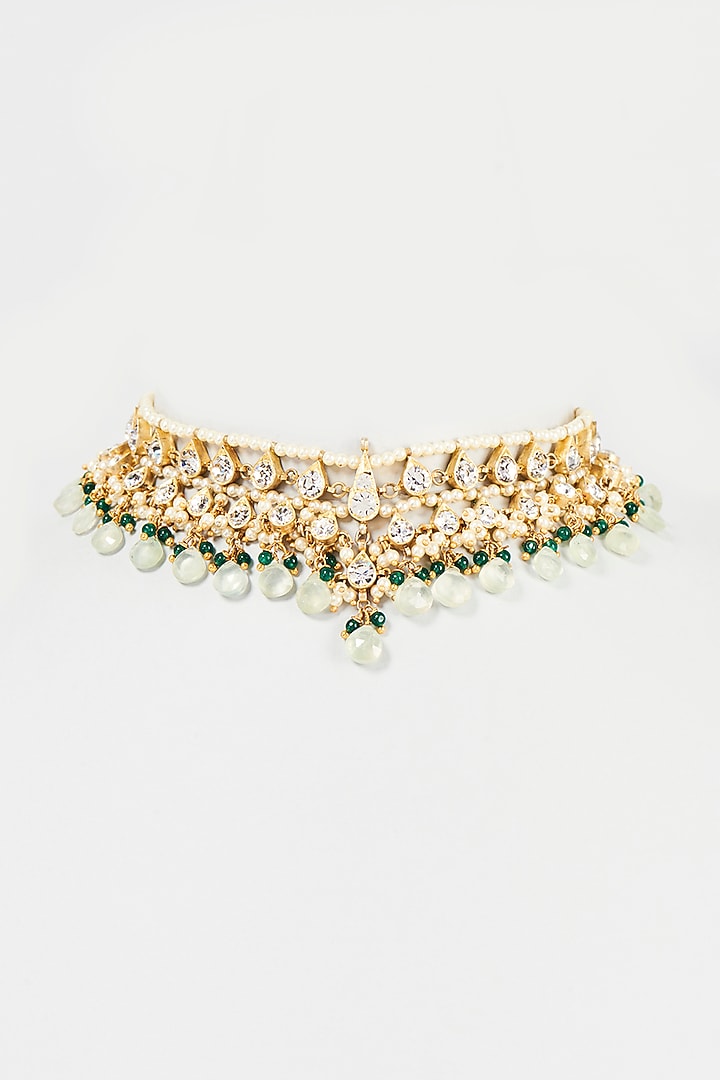 Gold Finish Green & White Stone Choker Necklace In Sterling Silver by Aaharya at Pernia's Pop Up Shop