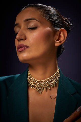 Gold Finish Green & White Stone Choker Necklace In Sterling Silver by Aaharya