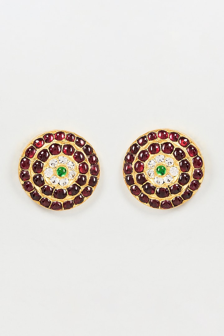 Gold Finish Red Semi-Precious Stone Stud Earrings In Sterling Silver by Aaharya at Pernia's Pop Up Shop