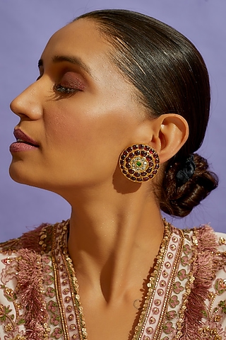 Gold Finish Red Semi-Precious Stone Stud Earrings In Sterling Silver by Aaharya
