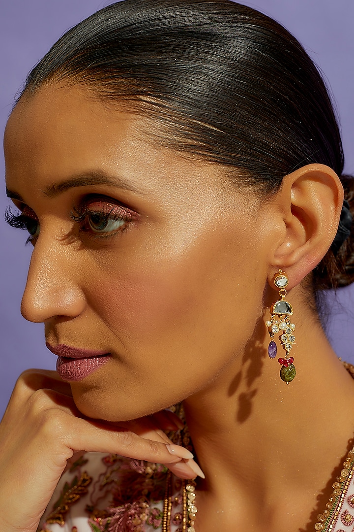 Gold Finish Multi-Colored Semi-Precious Stone Dangler Earrings In Sterling Silver by Aaharya