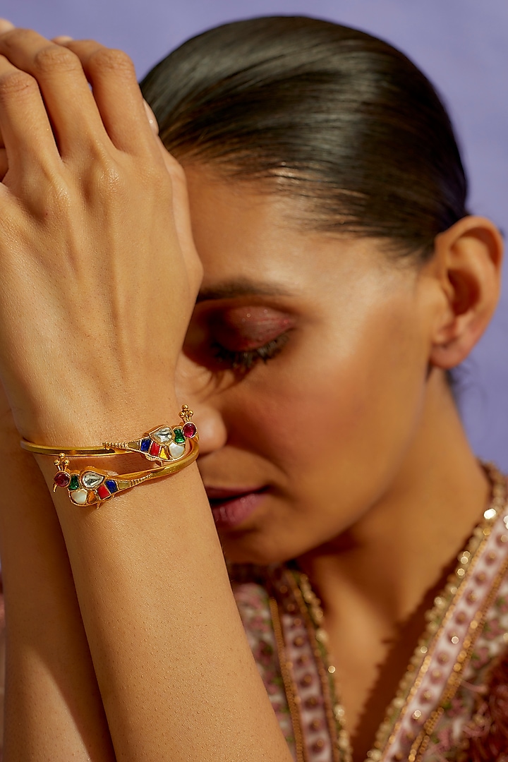 Gold Finish Multi-Colored Stone Bracelet In Sterling Silver by Aaharya