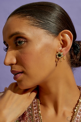 Gold Finish Green Semi-Precious Stone Stud Earrings In Sterling Silver by Aaharya