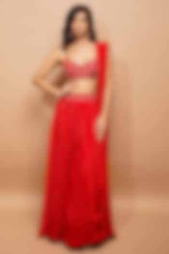 Red Natural Crepe Embroidered Lehenga Set by AHI CLOTHING
