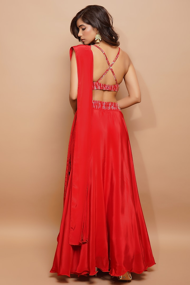 Red Natural Crepe Embroidered Lehenga Set by AHI CLOTHING at Pernia's Pop Up Shop