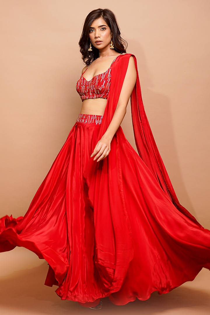 Red Natural Crepe Embroidered Lehenga Set by AHI CLOTHING at Pernia's Pop Up Shop