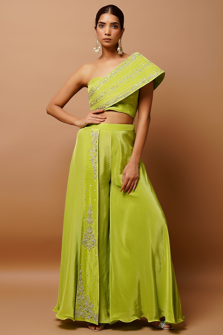 Bright Green Natural Crepe Embroidered Co-Ord Set by AHI CLOTHING