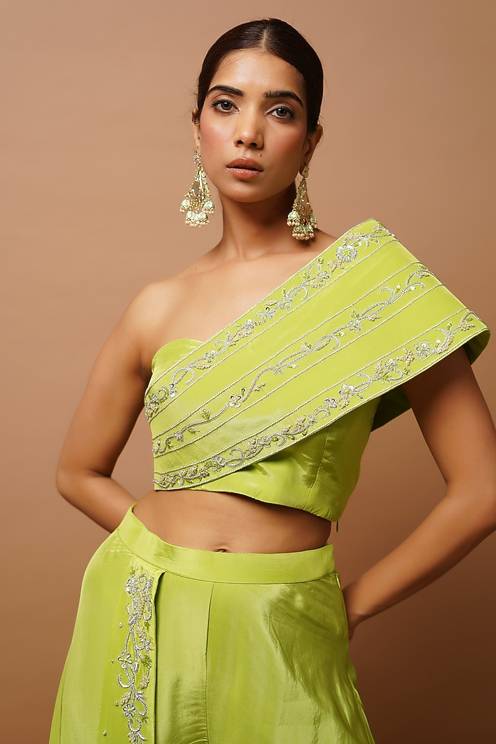 Bright Green Natural Crepe Embroidered Co-Ord Set by AHI CLOTHING at Pernia's Pop Up Shop