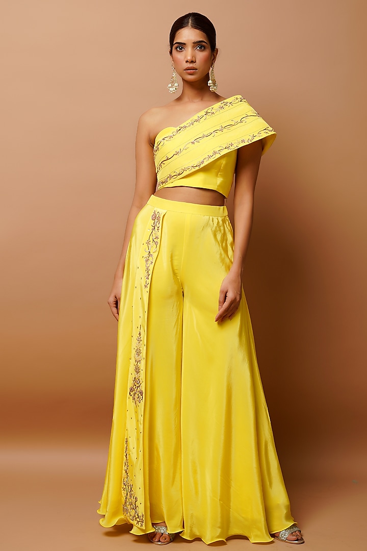Bright Yellow Natural Crepe Embroidered Co-Ord Set by AHI CLOTHING