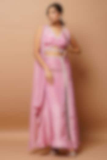 Pink Tissue Silk Draped Skirt Set by AHI CLOTHING