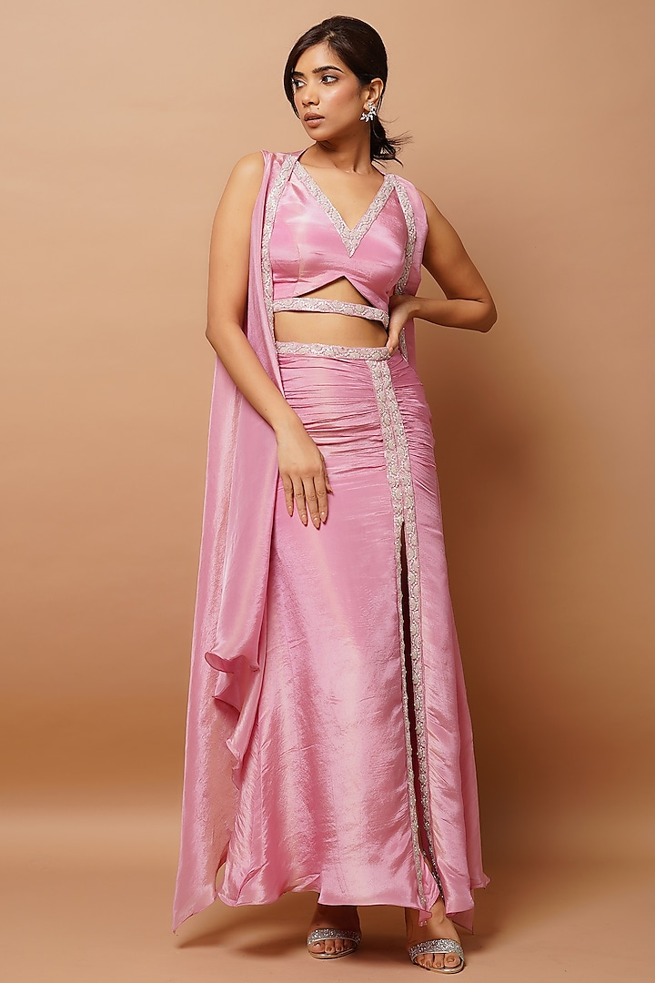 Pink Tissue Silk Draped Skirt Set by AHI CLOTHING