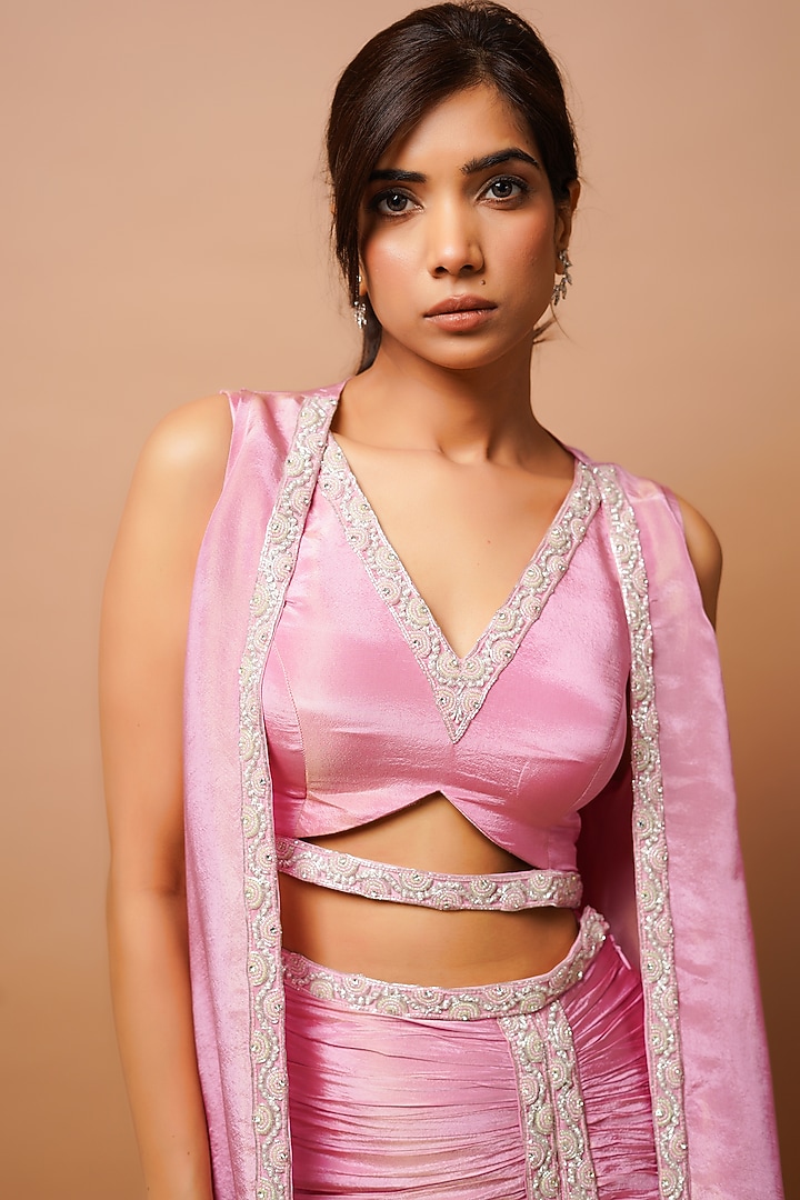 Pink Tissue Silk Draped Skirt Set by AHI CLOTHING at Pernia's Pop Up Shop
