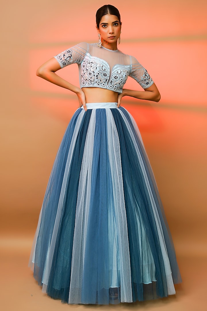 Blue Net Skirt Set by AHI CLOTHING