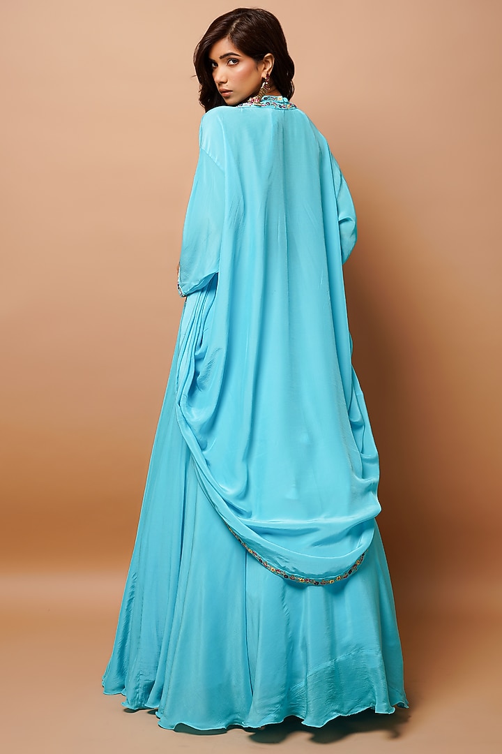 Ocean Blue Heavy Crepe Jacket Wedding Lehenga Set by AHI CLOTHING at Pernia's Pop Up Shop