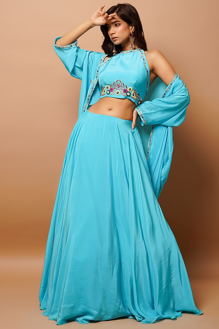 Ocean Blue Heavy Crepe Jacket Wedding Lehenga Set by AHI CLOTHING at Pernia's Pop Up Shop
