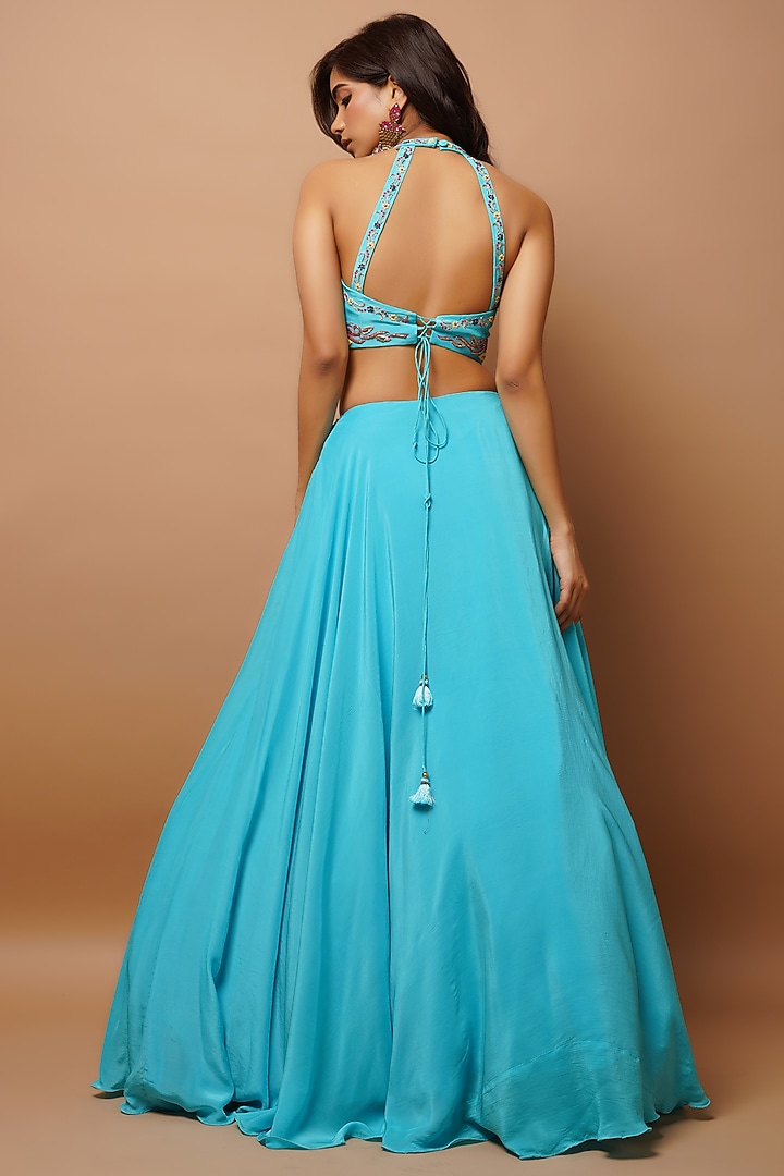 Ocean Blue Heavy Crepe Jacket Wedding Lehenga Set by AHI CLOTHING at Pernia's Pop Up Shop