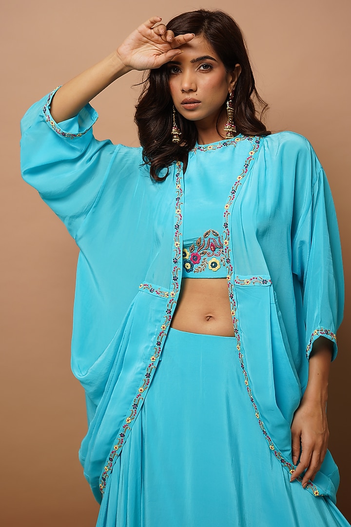 Ocean Blue Heavy Crepe Jacket Wedding Lehenga Set by AHI CLOTHING at Pernia's Pop Up Shop