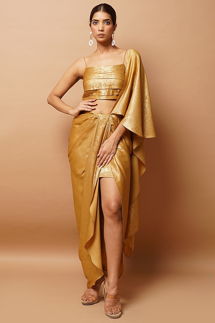 Gold Shimmer Lycra Skirt Saree Set by AHI CLOTHING